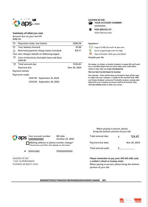 USA Arizona APS electricity proof of address business utility bill template in Word and PDF formats